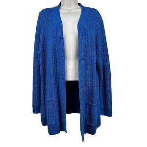 NEW Talbots Linen Open Cardigan Sweater Loose Knit Pockets Blue 2XP Petite